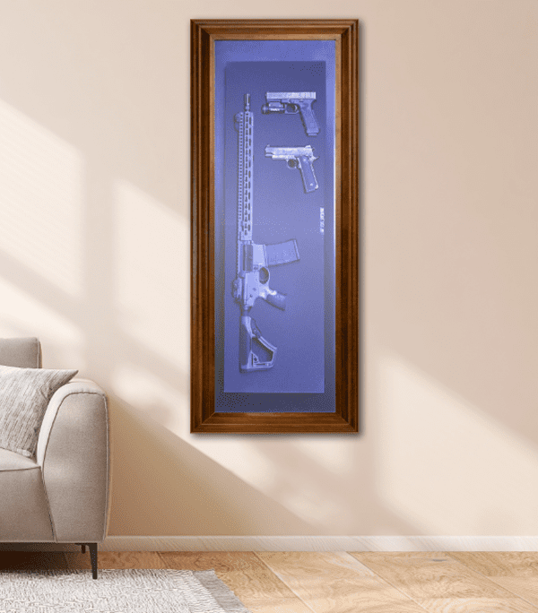 Framed blueprint artwork of various firearms.