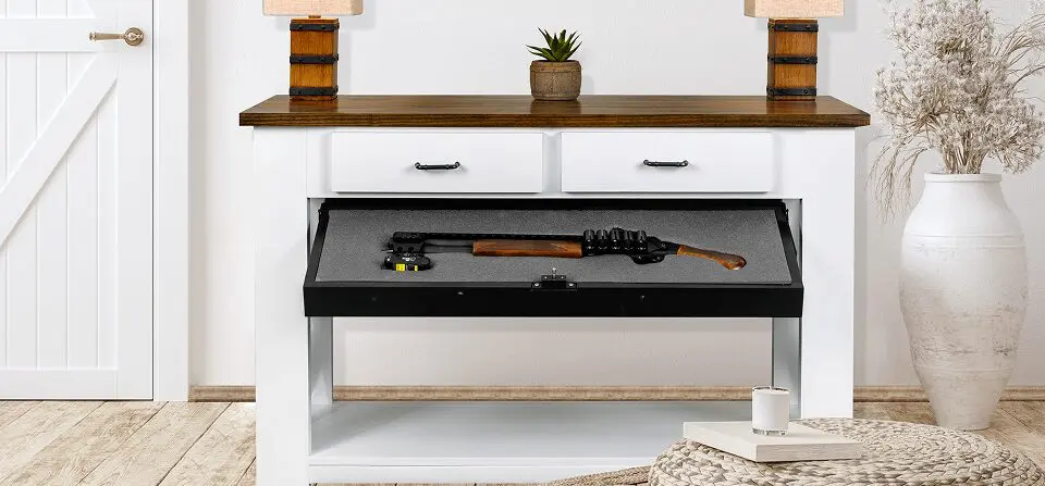 Console table with hidden compartment and decor.