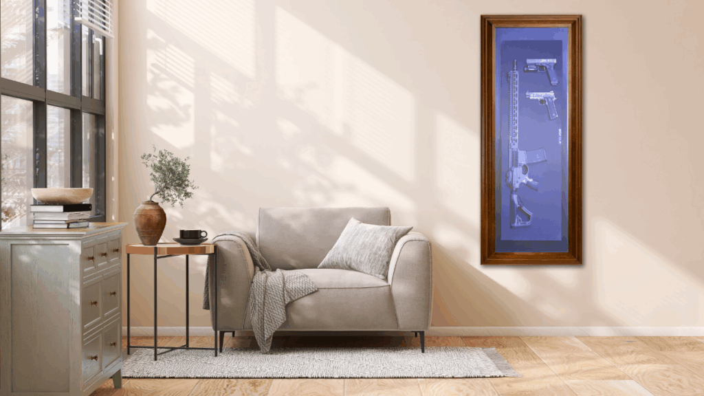 Sunlit living room with framed gun blueprint art
