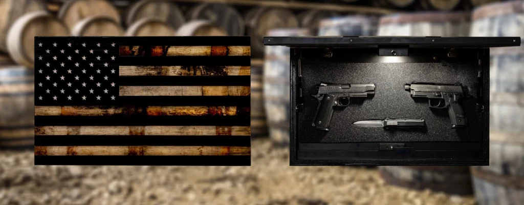 Distressed American flag beside open handgun safe