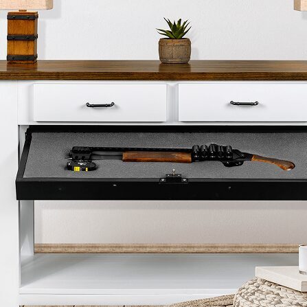 Console table with hidden compartment and decor.